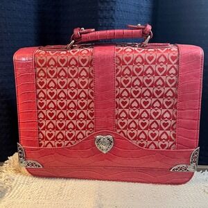 Pink Heart Print Croc Embossed‎ Organizer Briefcase Bag with Mirror